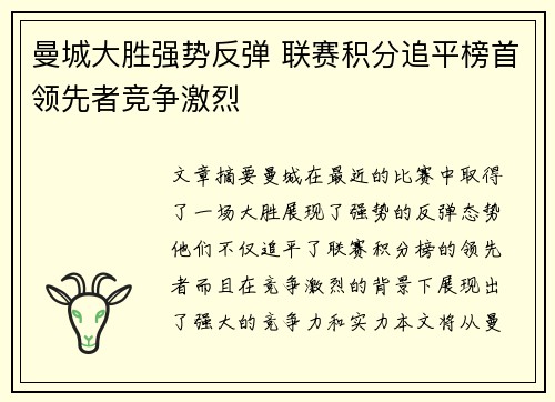 曼城大胜强势反弹 联赛积分追平榜首领先者竞争激烈