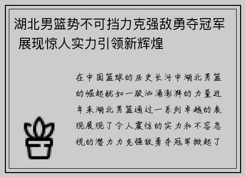 湖北男篮势不可挡力克强敌勇夺冠军 展现惊人实力引领新辉煌