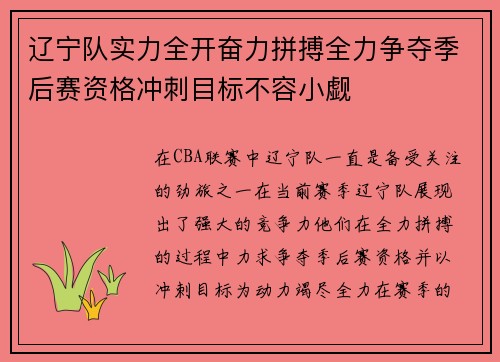 辽宁队实力全开奋力拼搏全力争夺季后赛资格冲刺目标不容小觑