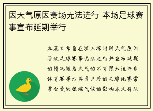 因天气原因赛场无法进行 本场足球赛事宣布延期举行