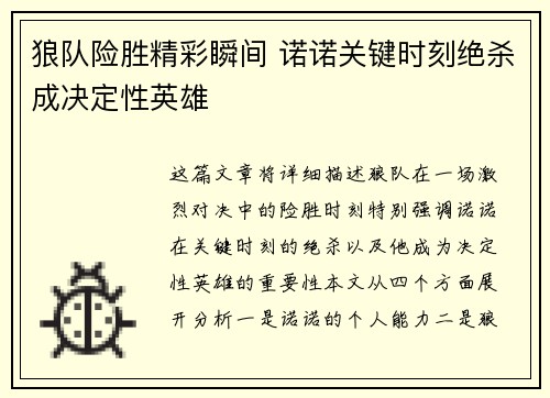 狼队险胜精彩瞬间 诺诺关键时刻绝杀成决定性英雄