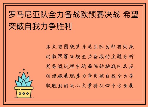 罗马尼亚队全力备战欧预赛决战 希望突破自我力争胜利