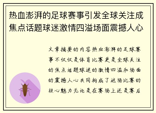 热血澎湃的足球赛事引发全球关注成焦点话题球迷激情四溢场面震撼人心