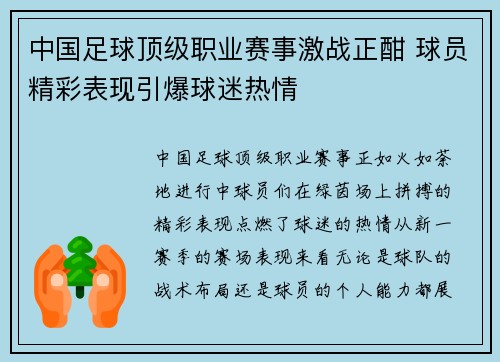 中国足球顶级职业赛事激战正酣 球员精彩表现引爆球迷热情