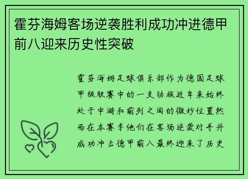 霍芬海姆客场逆袭胜利成功冲进德甲前八迎来历史性突破