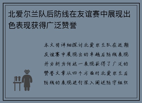 北爱尔兰队后防线在友谊赛中展现出色表现获得广泛赞誉