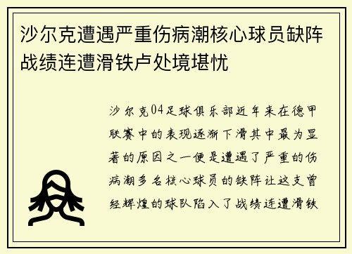 沙尔克遭遇严重伤病潮核心球员缺阵战绩连遭滑铁卢处境堪忧